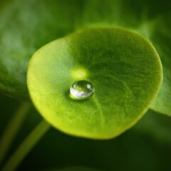 Water droplet on green leaf, macro nature photography.