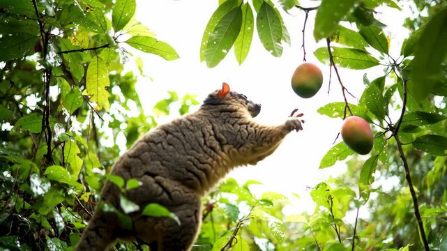 Cuscus in tree looking at mangoes in rainforest, lush green environment, animal in nature.