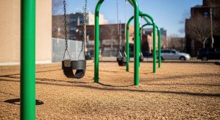 Empty black swings hang from green metal frames on a wood chip playground with blurred urban buildings and cars in the background under a blue sky