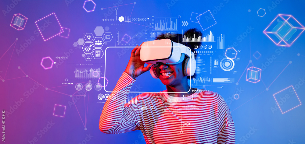 Poster a person engages with virtual reality technology, exploring its potential in business and marketing 