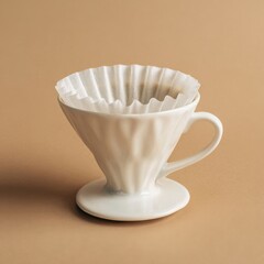 White Ceramic Pour-Over Coffee Dripper with Paper Filter on a Beige Background