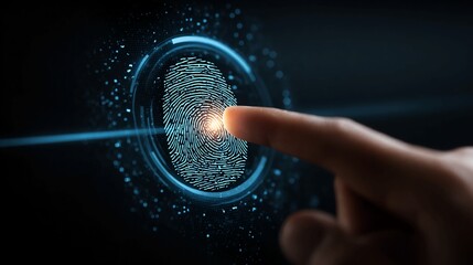 Securely unlock digital identity with advanced biometric fingerprint scanning technology for ultimate personal data protection and access control in a futuristic cyber world.