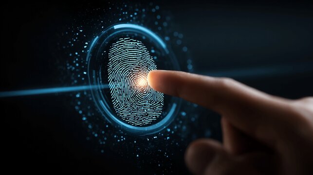 Securely unlock digital identity with advanced biometric fingerprint scanning technology for ultimate personal data protection and access control in a futuristic cyber world. - Powered by Adobe