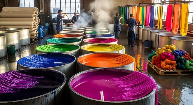 Vibrant Dye Vats - A Colorful Textile Industry Scene.