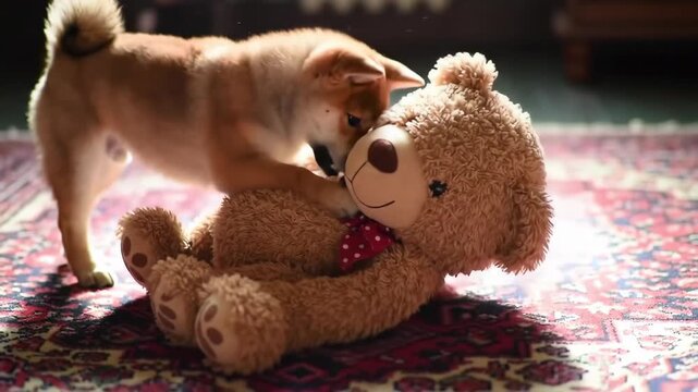 Cute Shiba Inu puppy playing with teddy bear on patterned carpet indoors, pet, domestic animal, playful puppy.