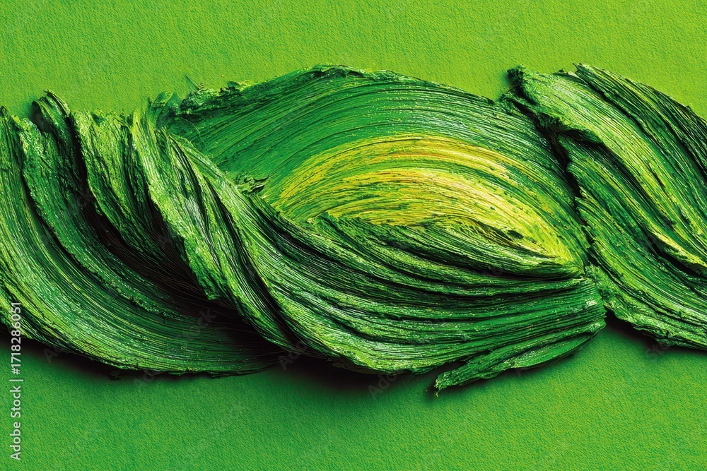 Poster green and yellow textured abstract painting with thick brush strokes, creating an organic and visual