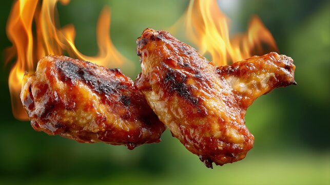 Spicy grilled chicken wings ablaze with flames in outdoor setting