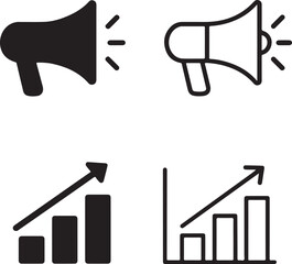 Isolated marketing icons, solid megaphone, line megaphone, filled analytics chart, thin stroke analytics chart, editable black vector, business campaign, sales growth, brand design