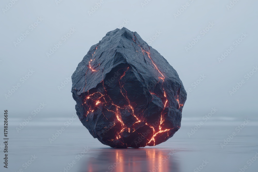 Poster a volcanic rock with glowing cracks stands against a soft background of water and sky, creating a st