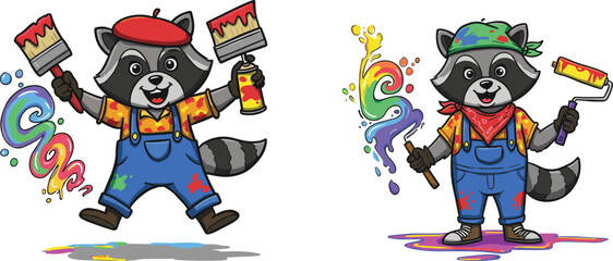 Cute raccoon cartoon character painting with brush and roller, creative animal artist, funny colorful raccoon illustration for kids, children artwork