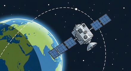 Satellite Orbiting Earth in Space with Stars and Dotted Path.