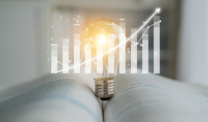 A light bulb shines in the center of open pages, representing innovative ideas. Surrounding financial graphs highlight growth and success in business. Impute