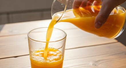 Hand pours bright orange liquid from a glass pitcher into a clear drinking glass on a wooden table