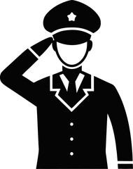 Saluting soldier silhouette, vector line art icon ,black and white , white background