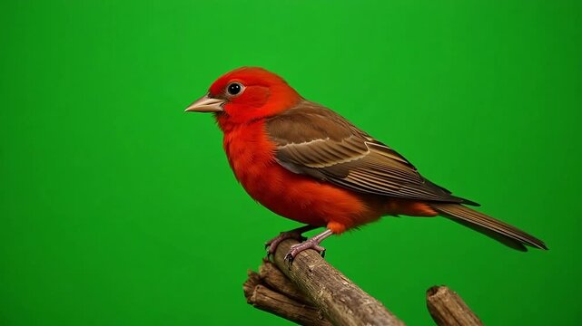 Vibrant scarlet tanager perching gracefully, a brilliant splash of color against a lush green backdrop perfect for nature documentaries