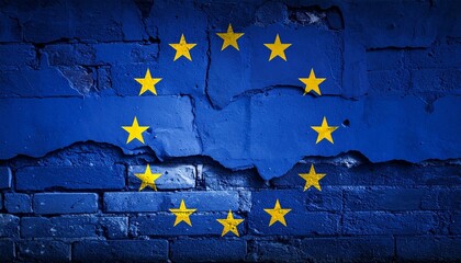 European Union flag painted on cracked blue surface, twelve gold stars in circle, symbolic resilience and unity.
