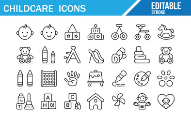 Collection of editable stroke icons of baby, toddler, and early learning development