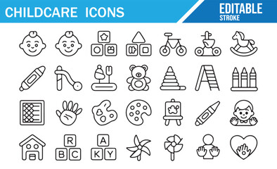 Outline vector illustrations of childcare, education, and childhood activities symbols