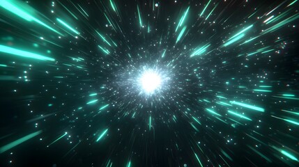 Fototapeta premium A vibrant, radiant space tunnel bursts forth with teal light rays, radiating outward from a central point of brilliance.