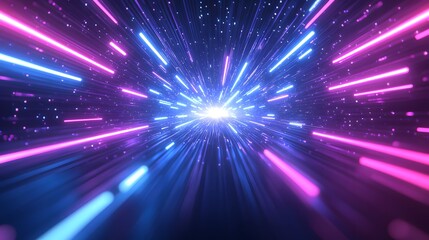 Naklejka premium A dynamic, vibrant, and futuristic design features a dark, space-like backdrop, radiant with streaks of electric, neon pink and blue light.