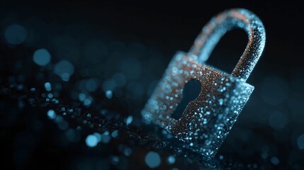 Secure digital padlock, symbolizing data protection, cybersecurity, and digital privacy with glowing abstract particles in a dark, futuristic environment