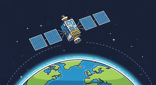 Satellite orbiting planet Earth in outer space illustration.