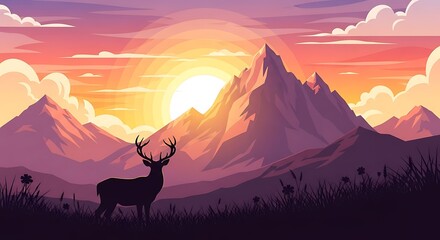 Fototapeta premium Majestic Sunset Over Mountain Range with Deer Silhouette.