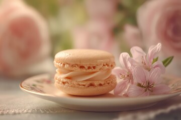 Elegant peach macaron, cream-filled, delicate pink blossoms arranged.