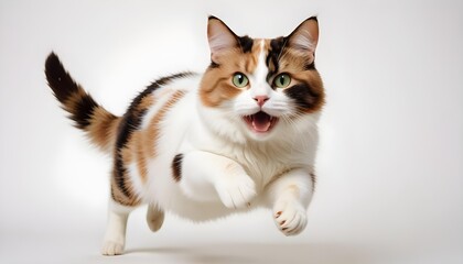 Obraz premium Calico cat leaping with a wide open mouth against a clean white background.