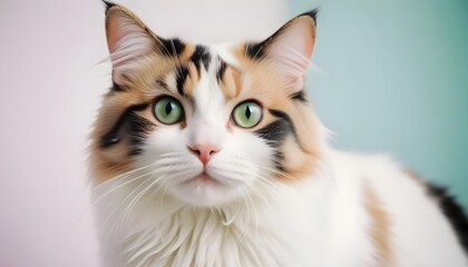 Obraz premium A beautiful calico cat with striking green eyes gazes directly at the viewer.
