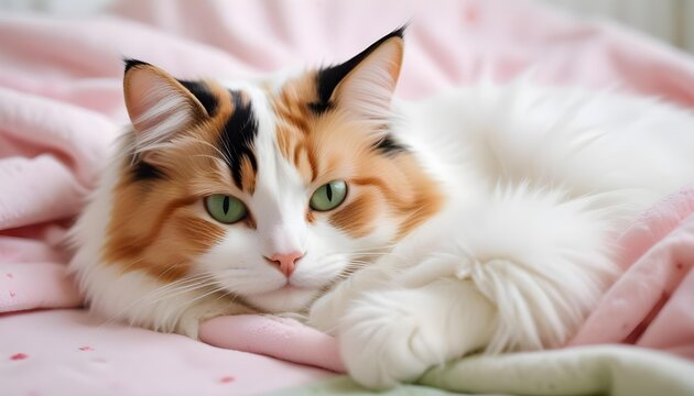 A beautiful calico cat with green eyes resting on a pink blanket.