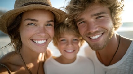 Fototapeta premium Smiling young family with child on beach at sunset, perfect for lifestyle campaigns, travel projects or family editorial stock photography