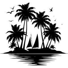 Silhouette tropical island with palm trees sailboat and flying birds art © Sarfaraz