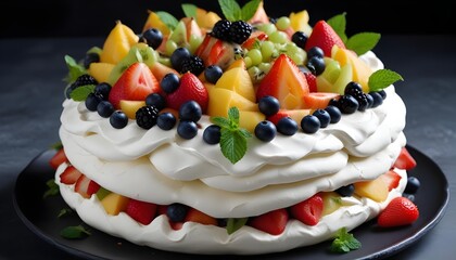 Obraz premium Delicious Pavlova Cake with Fresh Fruits