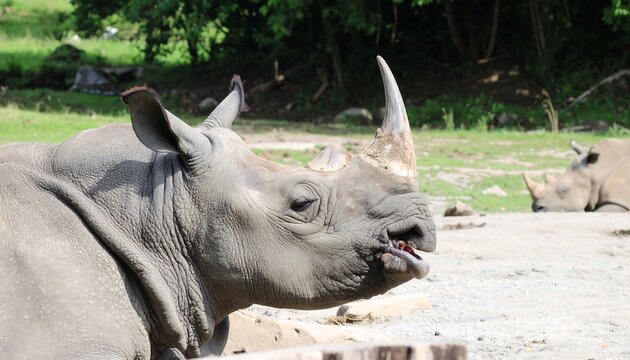 A large gray rhino rests on the ground, another visible in background