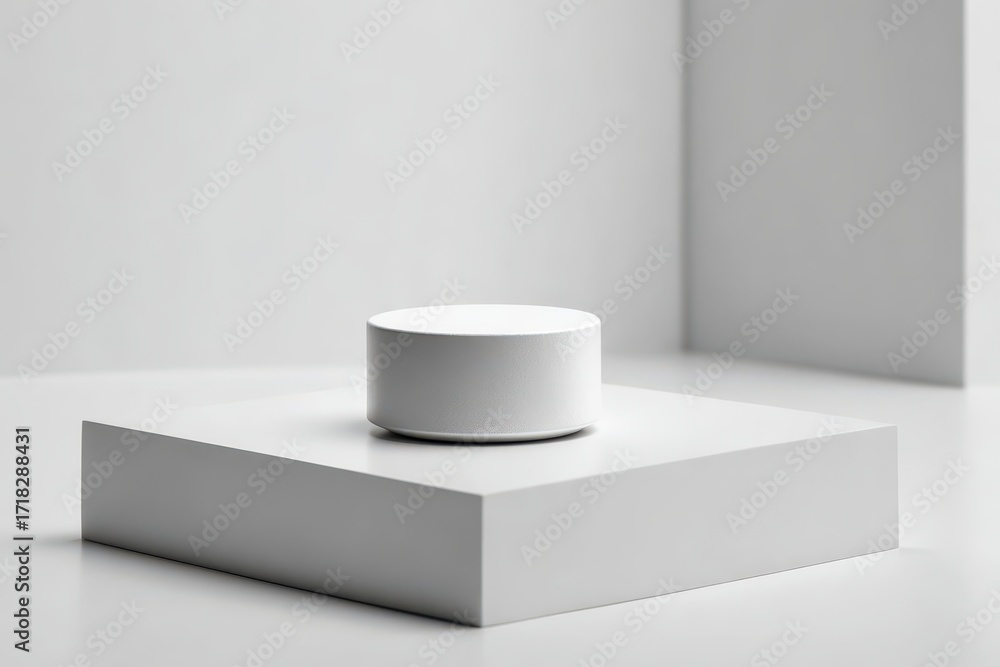 Poster white geometric product display with a cylinder on a rectangular block.