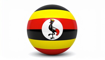 Obraz premium Spherical Uganda flag with black-yellow-red stripes and crowned crane emblem, symbolic national identity.
