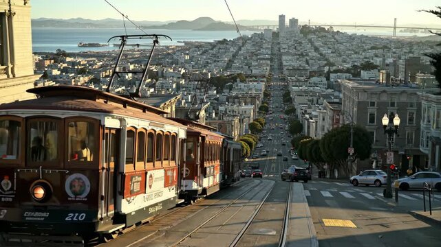 San Francisco cityscape with cable car on hill, city view, and travel destination, featuring buildings and architecture.