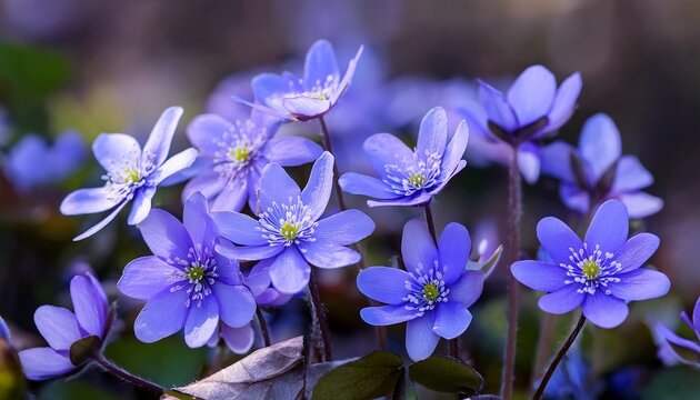 Common Hepatica Or Anemone Hepatica Blue Blossoms Close Up