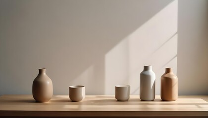 Minimalist still life with ceramic vessels on a wooden surface