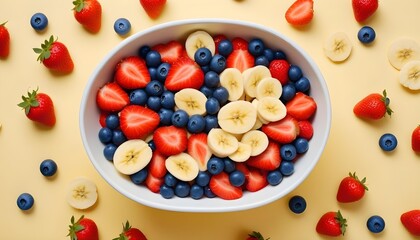 Fresh fruit salad in a white bowl on a yellow background
