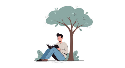 Young Man Delights In Reading Under A Shady Tree Enjoying Peace And Quiet