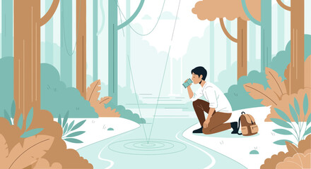 Young Man Drinking Water From Natural Spring, Serene Forest Adventure Illustration