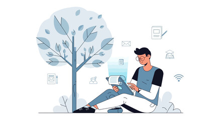 Young Man Engaged In Digital Activities Near A Stylized Tree Symbolizing Growth