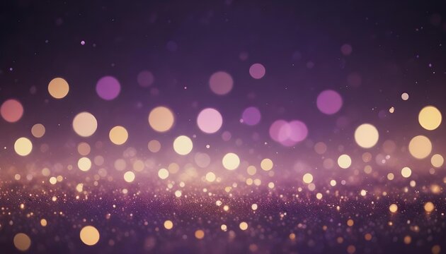Abstract bokeh background with sparkling lights in purple and gold.
