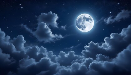 Night sky with a full moon and fluffy clouds.