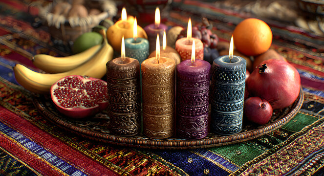 A kwanzaa rug with kinara, mishumaa saba, mkeka, and mazao on a dark background, angled perspective on transparent background
