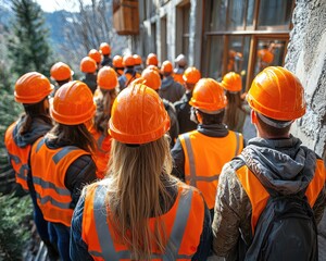 A group of people wearing safety gear, standing in a line