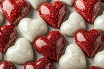 Fototapeta premium Assorted glossy heart-shaped chocolates with red and white glitter accents