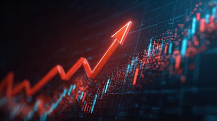 Dynamic red arrow graph signifies powerful financial growth and market success, visualizing profit trends with glowing digital data streams and upward momentum in a sleek, modern abstract concept.